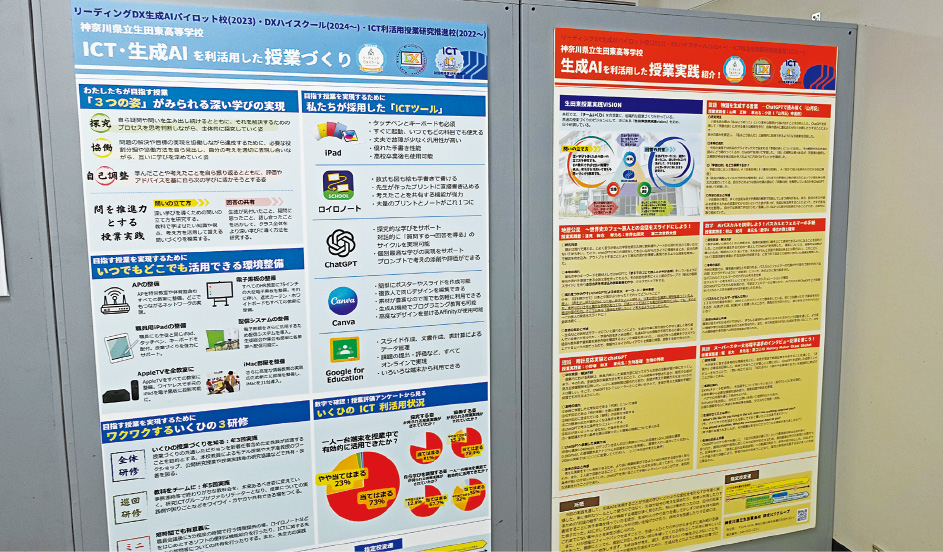 校内にはICTや生成AIを活用した授業づくりや取り組みについてまとめたポスターを掲示。