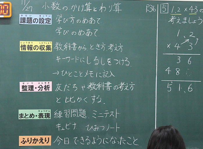 図2： 4年生算数の授業でも、「学習の手引き」を板書と Google Classroom で共有。